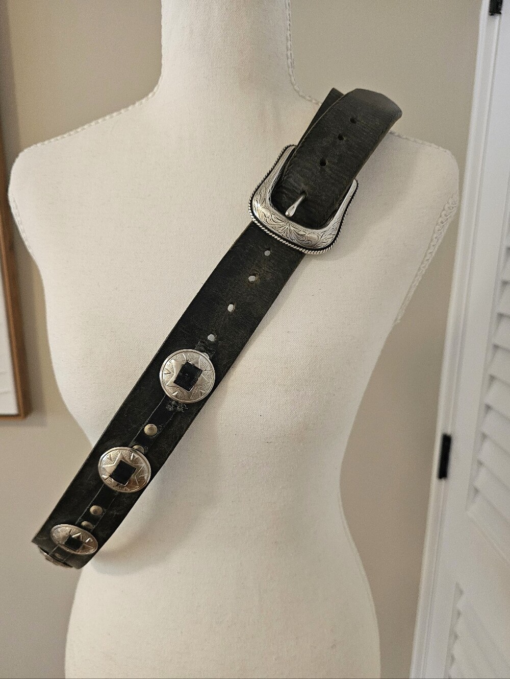 Vintage Black Leather Silver Concho Belt | Western Boho | 47" Long | Festival